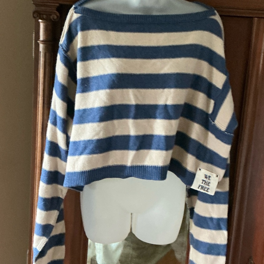 We the Free Striped Blue and Cream Boat Neck Cropped Sweater